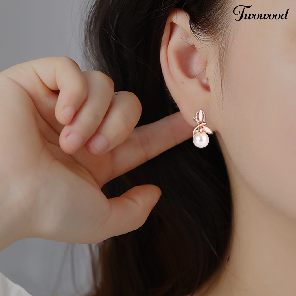 Twowood 1set Wanita Kalung Anting Ikatan Simpul Mutiara Imitasi Perhiasan Berlapis Busur Stud Earrings Necklace Untuk Festival