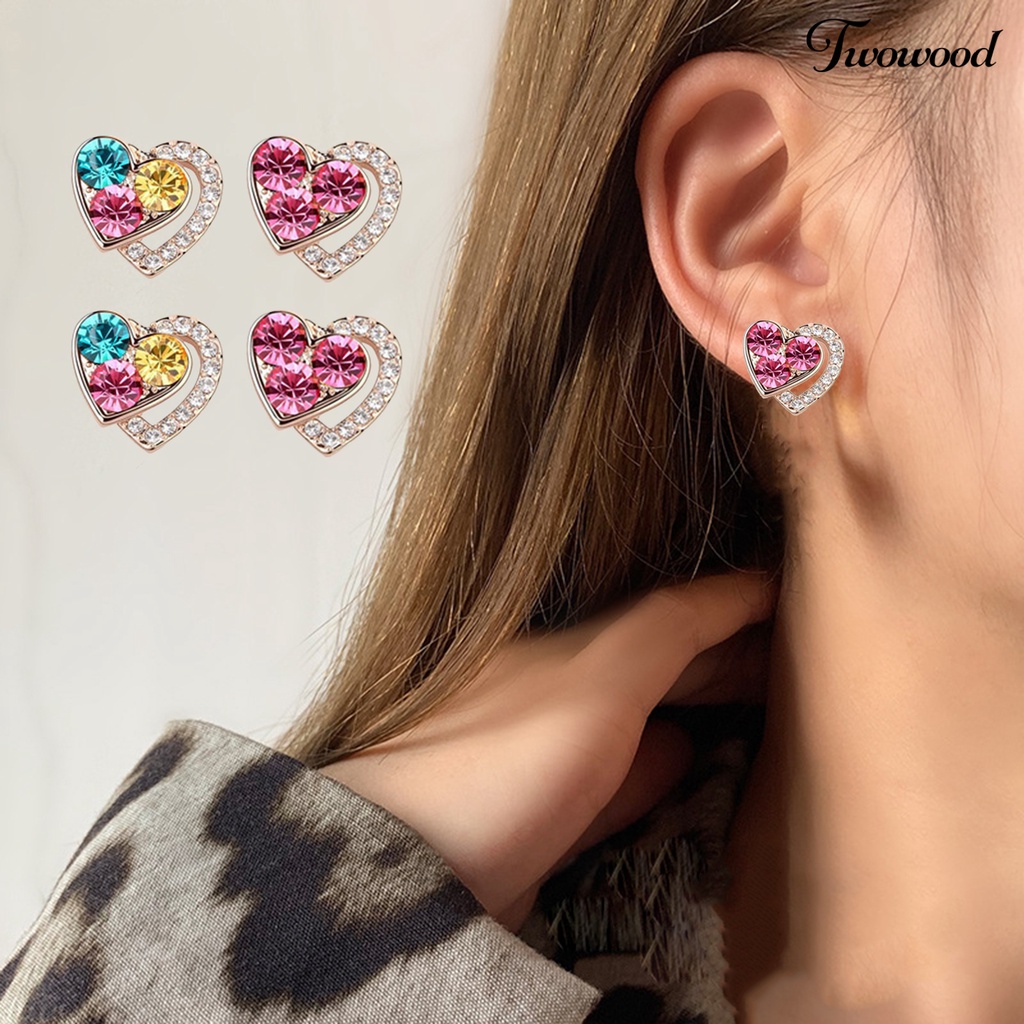 Twowood 1set Wanita Set Perhiasan Shiny Colorful Full Rhinestones Geometris Berkilau Hias Hadiah Anniversary Cinta Bentuk Hati Liontin Kalung Stud Anting Set Aksesori Fashion