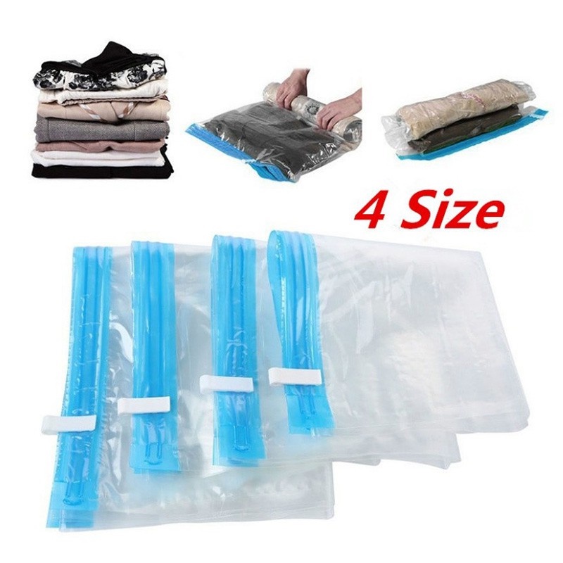 4pcs Compression Bag Hand Rolling Vacuum Bags Tas Packing Pakaian Transparan Tas Hemat Ruang Untuk Perjalanan Rumah