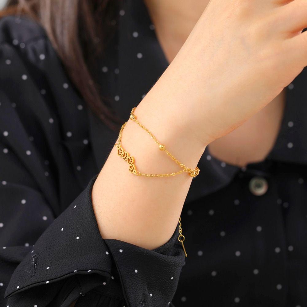 Needway Gelang Kucing Manis Simpel Lucktune Kpop Perhiasan Pesona Hewan Rantai Ganda Wanita Tangan Cincin