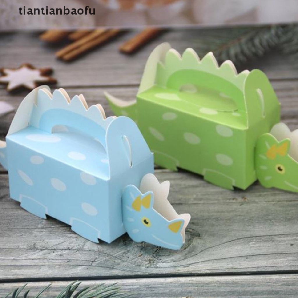 [tiantianbaofu] 10 Pcs Pesta Dinosaurus Biru Hijau Kotak Kue Kering Baby Shower Candy Box Hadiah Packing Butik