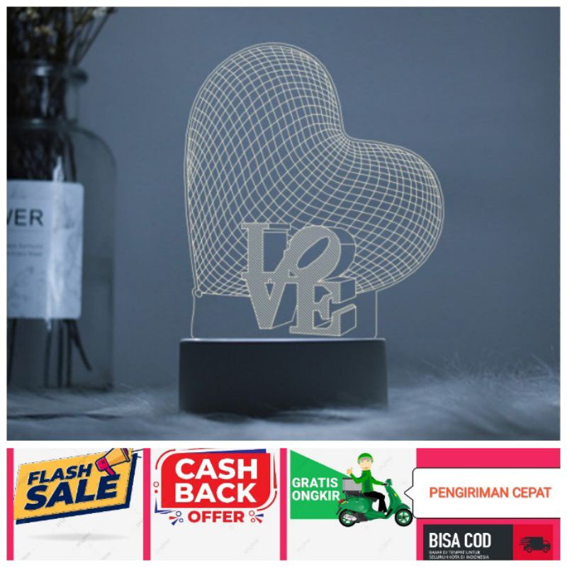 Lampu Kamar lampu hias 3d motif hati love