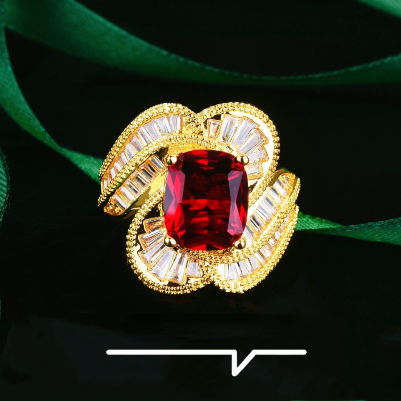 Goldkingdom Aksesoris Perhiasan Fashion Ready Stock Gaya Istana Retro Bola Pinggiran Butch Style Latice Square Diamond Ruby Colorful Ring.