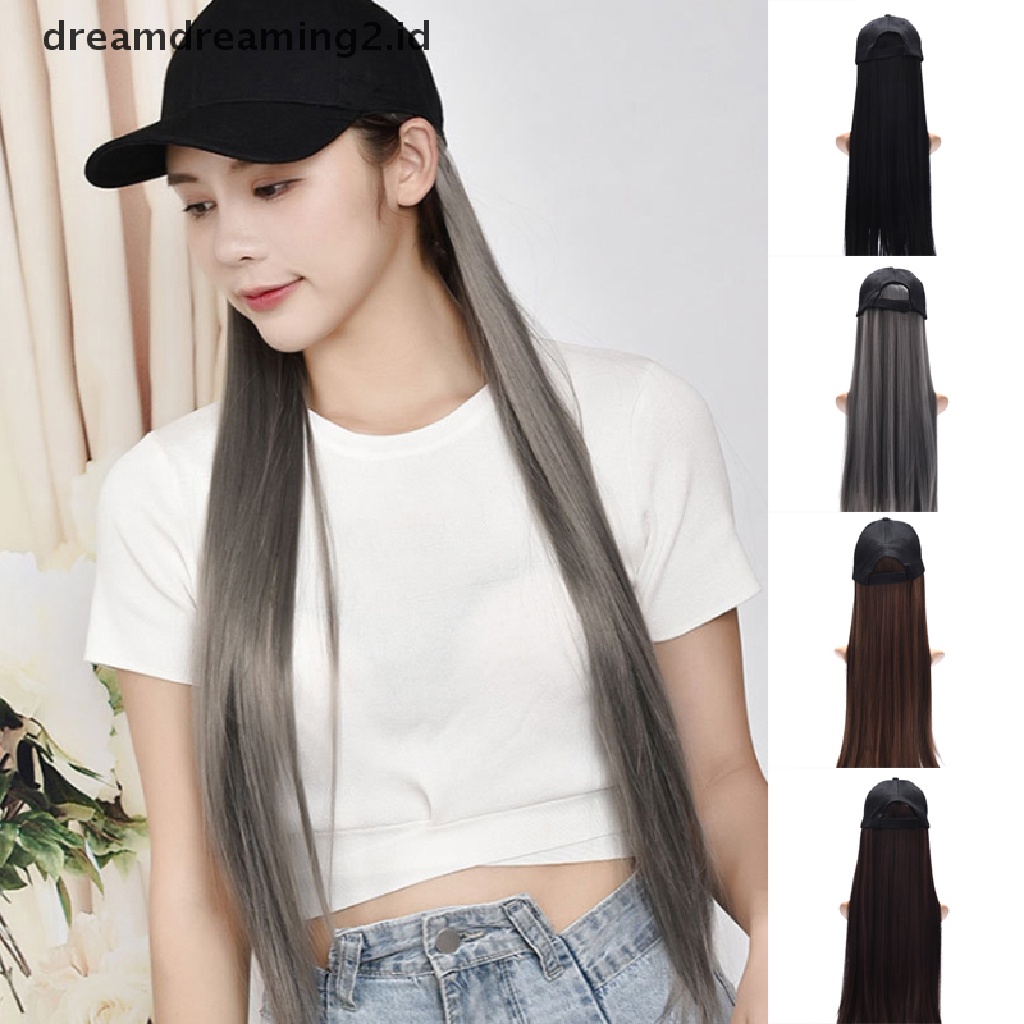 (hot) Topi Baseball Wanita Wig Rambut Sintetis Fashion Cewek Rambut Panjang Wig Topi Lurus//