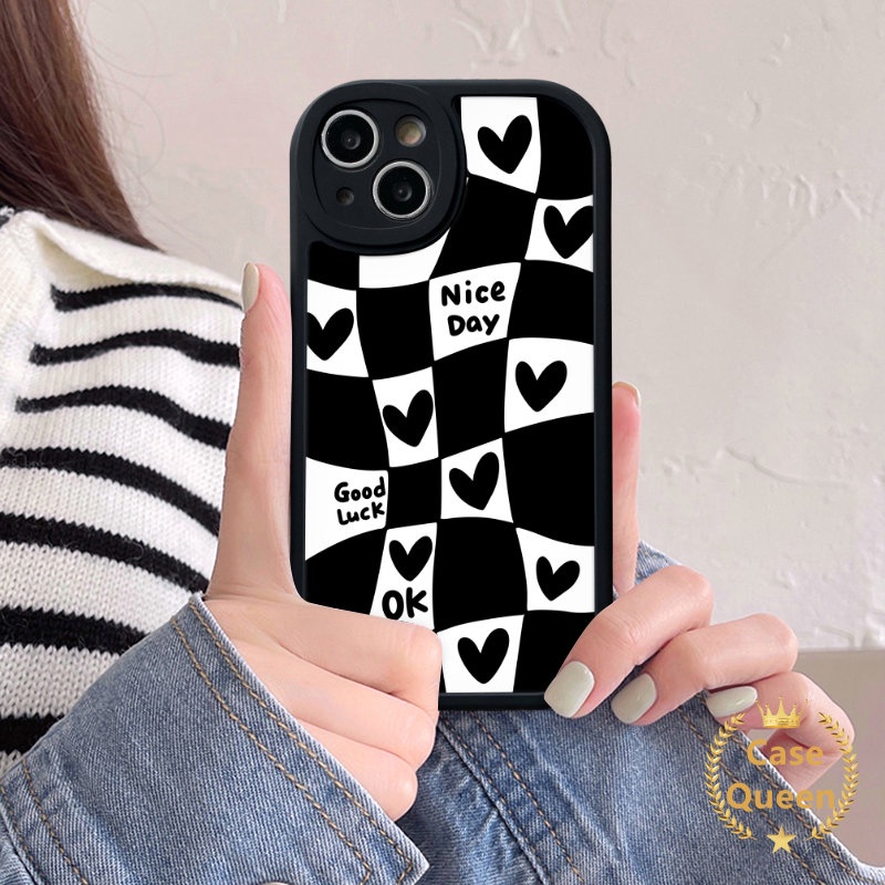 IPHONE Lucu Blok Tidak Teratur Hitam Putih Cinta Hati Kompatibel Untuk Iphone11 13 14 12 Pro Max 7plus XR 6s 7 6 8 plus XS Max X SE 2020 Pasangan Casing Soft Tpu Back Case