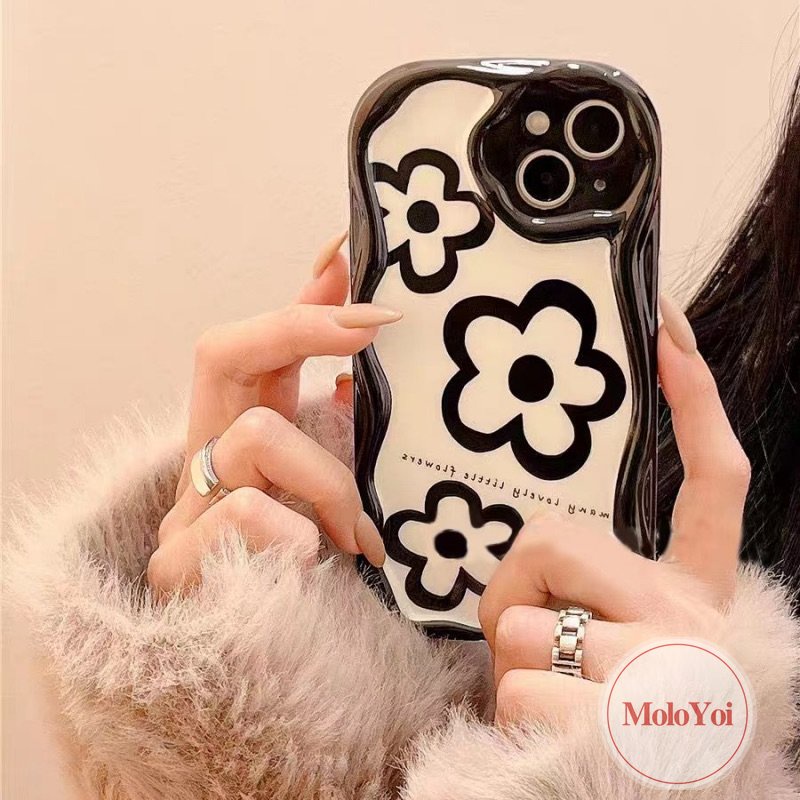 Casing Tiga Bunga Putih Sederhana Kompatibel Untuk IPhone 7Plus XR 6s 8 6 7 Plus 11 Pro Max 14 13 12 Pro Max X XS Max SE 2020 3D Wavy Curved Edge Glossy Lembut Shockproof Airbag Cover