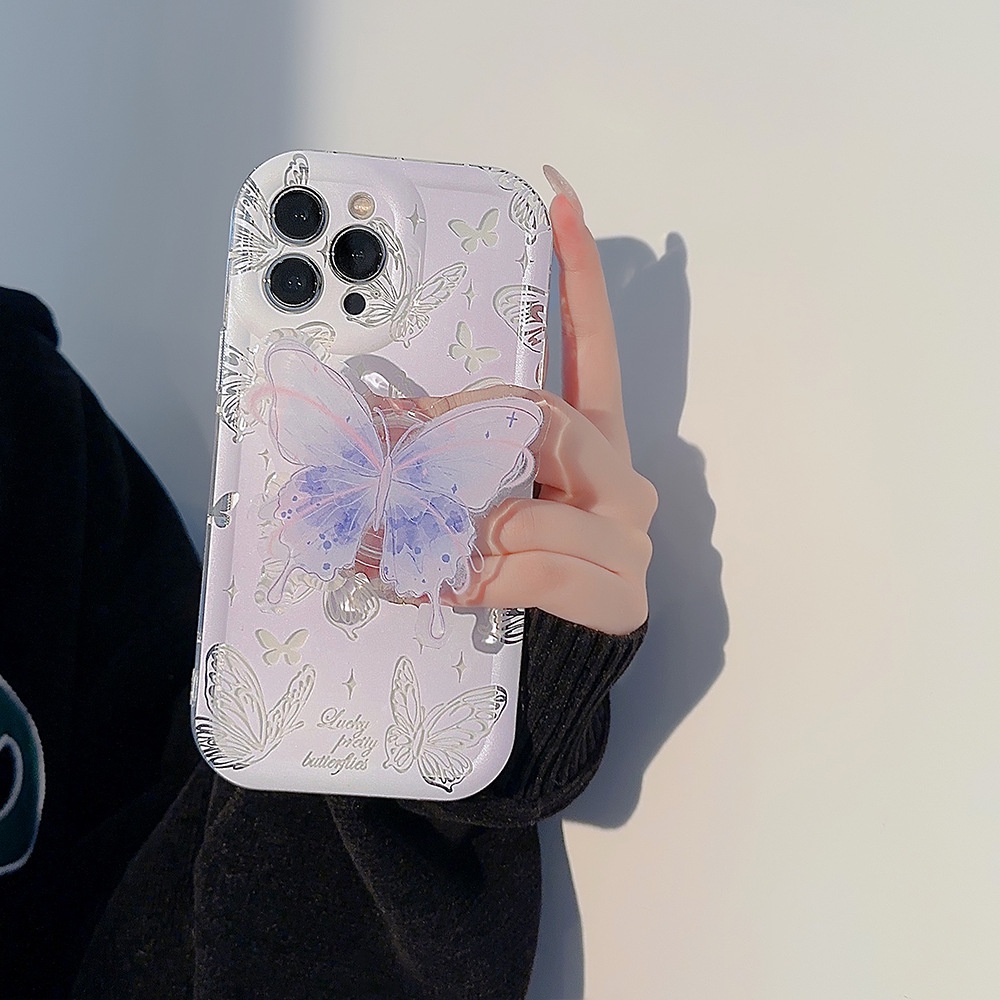 IPHONE Ungu Muda Berongga Keluar Transparan Peri Ponsel Case Cover Dengan Butterfly Holder Untuk Iphone11 12 13 14 PLUS PRO MAX Perlindungan Penuh Shell