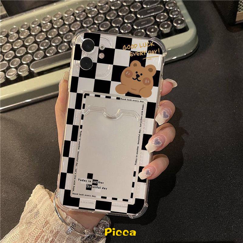 Kartun Lucu Bear Case Oppo A16 A95 A55 A12 A15 A96 A15s A7 A9 A5 2020 A5s A54 A74 A3s A12E A76 Reno8 7 5G A11K A36 A35 INS Dompet Slot Card Holder Anti Jatuh Lembut Tpu Penutup Belakang