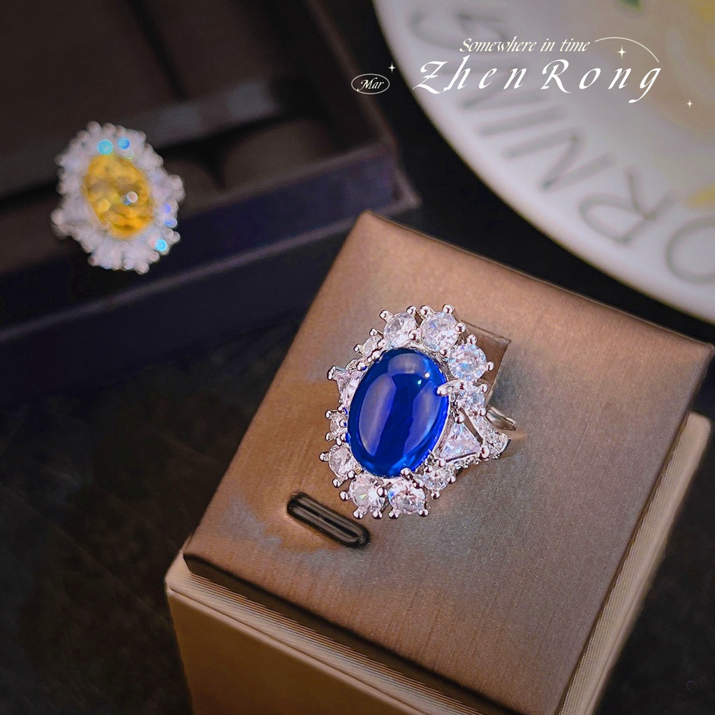 Goldkingdom Fashion Perhiasan Aksesoris Ready Stock French Retro Polos Royal Blue Permata Cincin Berlian Imitasi Penuh Es Kuning Berlian Cincin Gadis