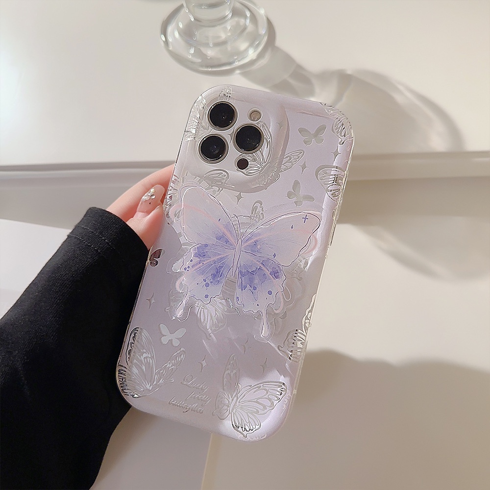 IPHONE Ungu Muda Berongga Keluar Transparan Peri Ponsel Case Cover Dengan Butterfly Holder Untuk Iphone11 12 13 14 PLUS PRO MAX Perlindungan Penuh Shell