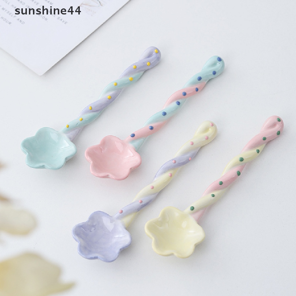 Sunshine 1Pc Sendok Gagang Panjang Keramik Es Krim Lucu Hand Painted Dessert Spoon ID