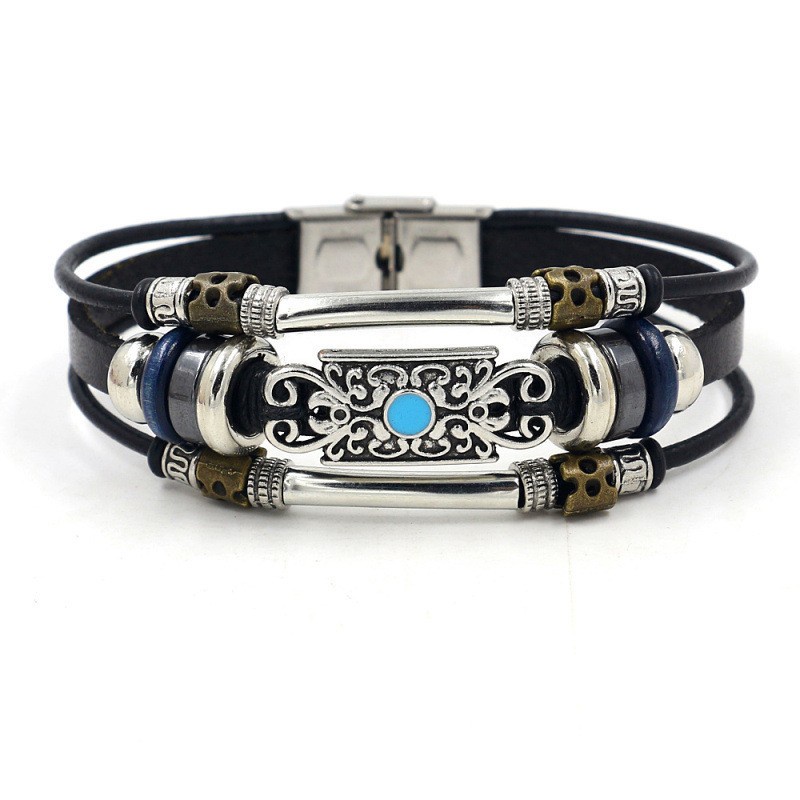 [X C Gelang] Baru Gelang Pasangan Stainless Steel Hitam Kulit Vintage Hip Hop Punk Gelang Kulit Lengan Manik-Manik Multilayer Zinc Alloy Anyaman Gelang