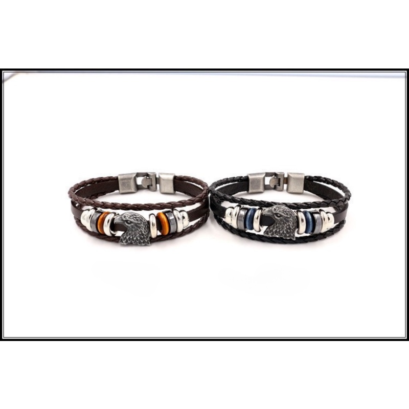 [X C Gelang] Baru Elang Kepala Gesper Gelang Kulit Hitam Vintage Hip Hop Punk Gelang Kulit Lengan Manik-Manik Multilayer Zinc Alloy Anyaman Gelang