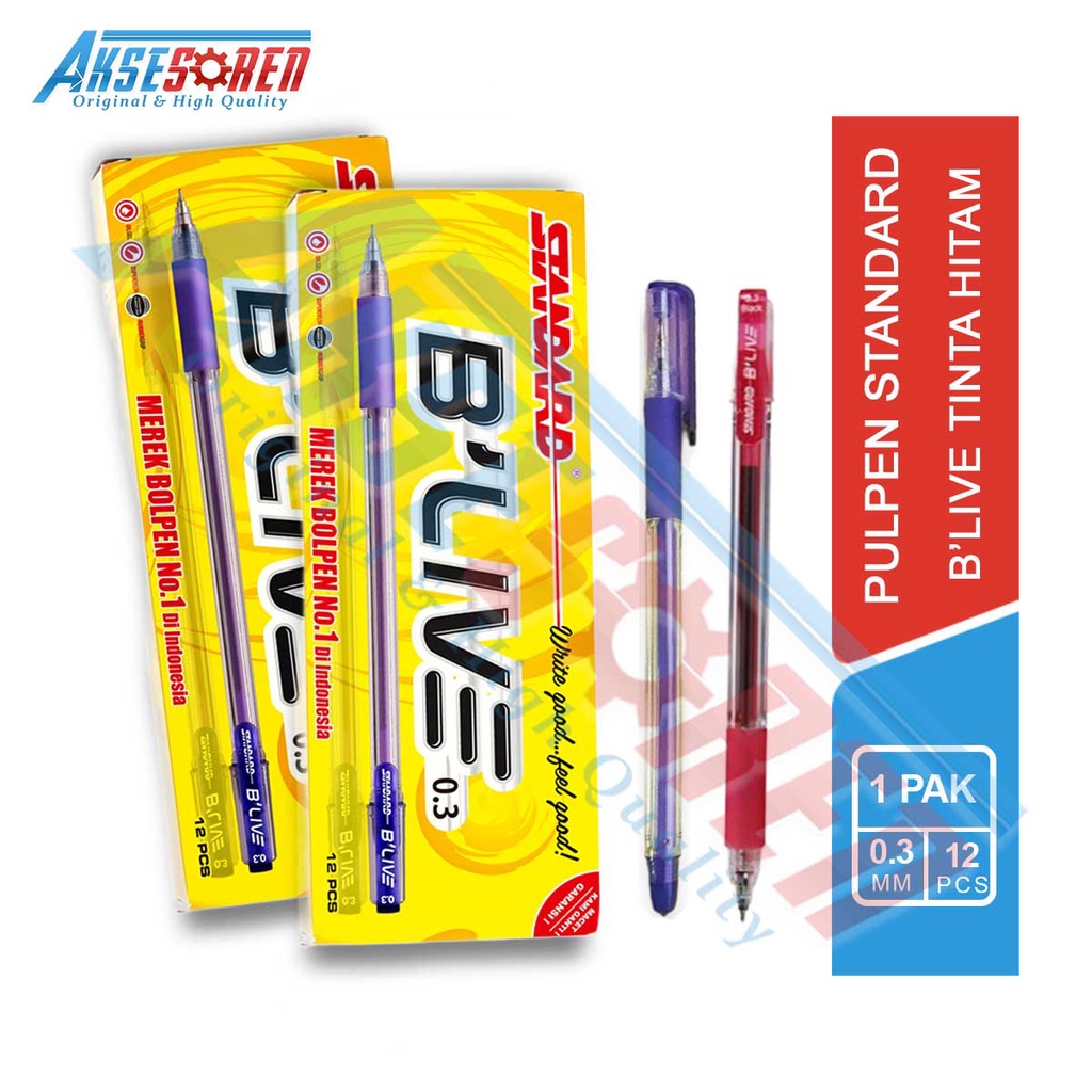 

Aksesoren Pulpen Standard B'Live [1 Pack/12 Pcs] / Ballpoint Pena 1 Pak / Alat Tulis Sekolah / Ball Pen Bolpen Polpen Bulpen Tinta Hitam Standar Blive / Perlengkapan Sekolah