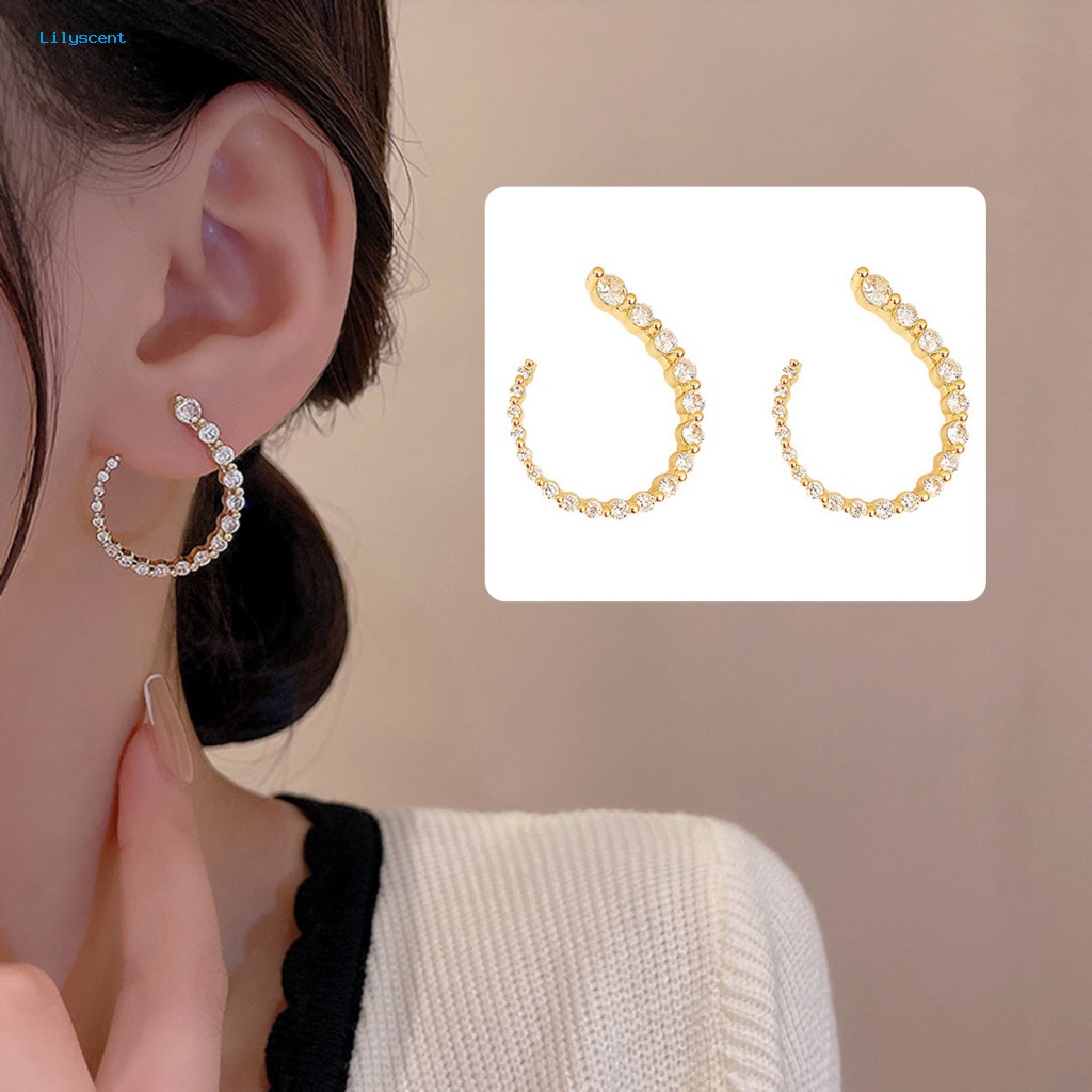 Lilyscent 1pasang Tembaga Wanita Anting Fashion Perhiasan Berlian Imitasi Berkilau Wanita Open Hoop Earrings Geometric