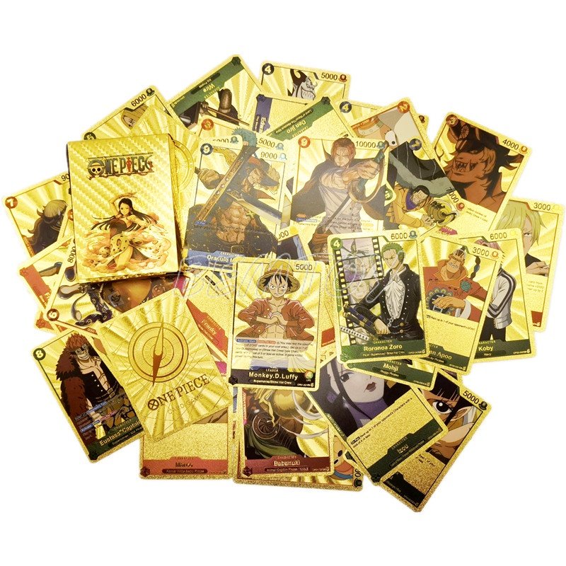 55pcs/box Kartu Inggris Metal One Piece Gold Anime Luffy Nami Robin Zoro Pattern Game Card Mainan Koleksi
