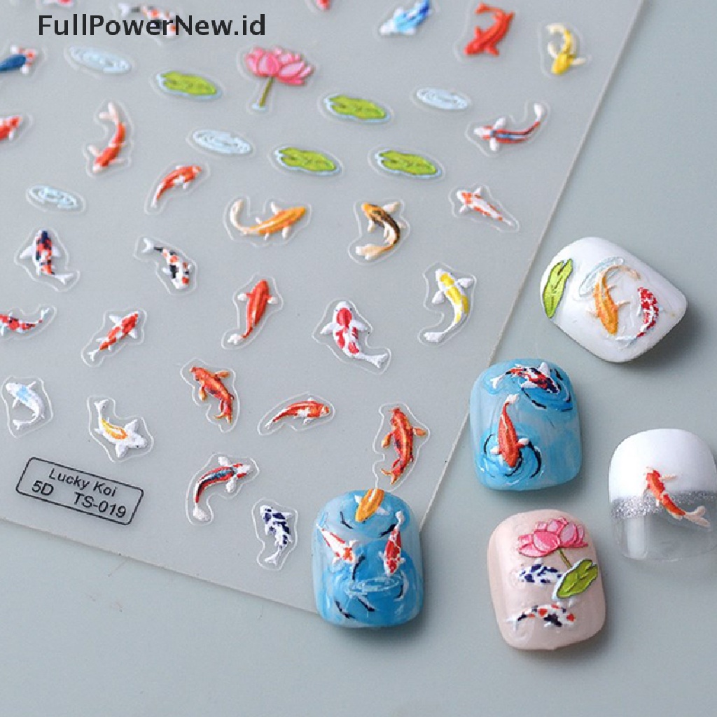 Power 5D Timbul Warna-Warni Lotus Daun Ikan Kecil Lembut Relief Nail Art Stiker DIY ID