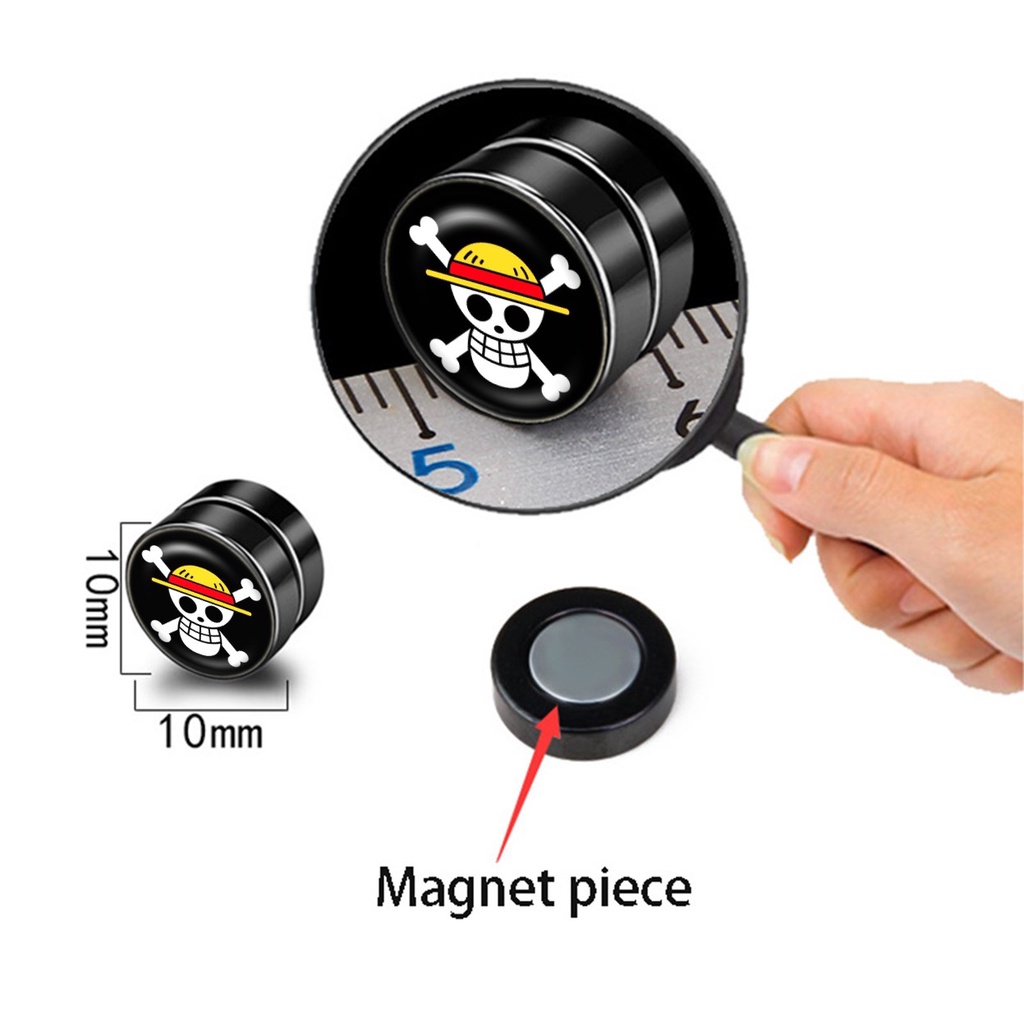 1Buah Anting Magnet Anime One Piece Heart Pirates Ace Jepit Tusuk Barbel Roda Bulat Hitam Stainless Steel Anti Karat