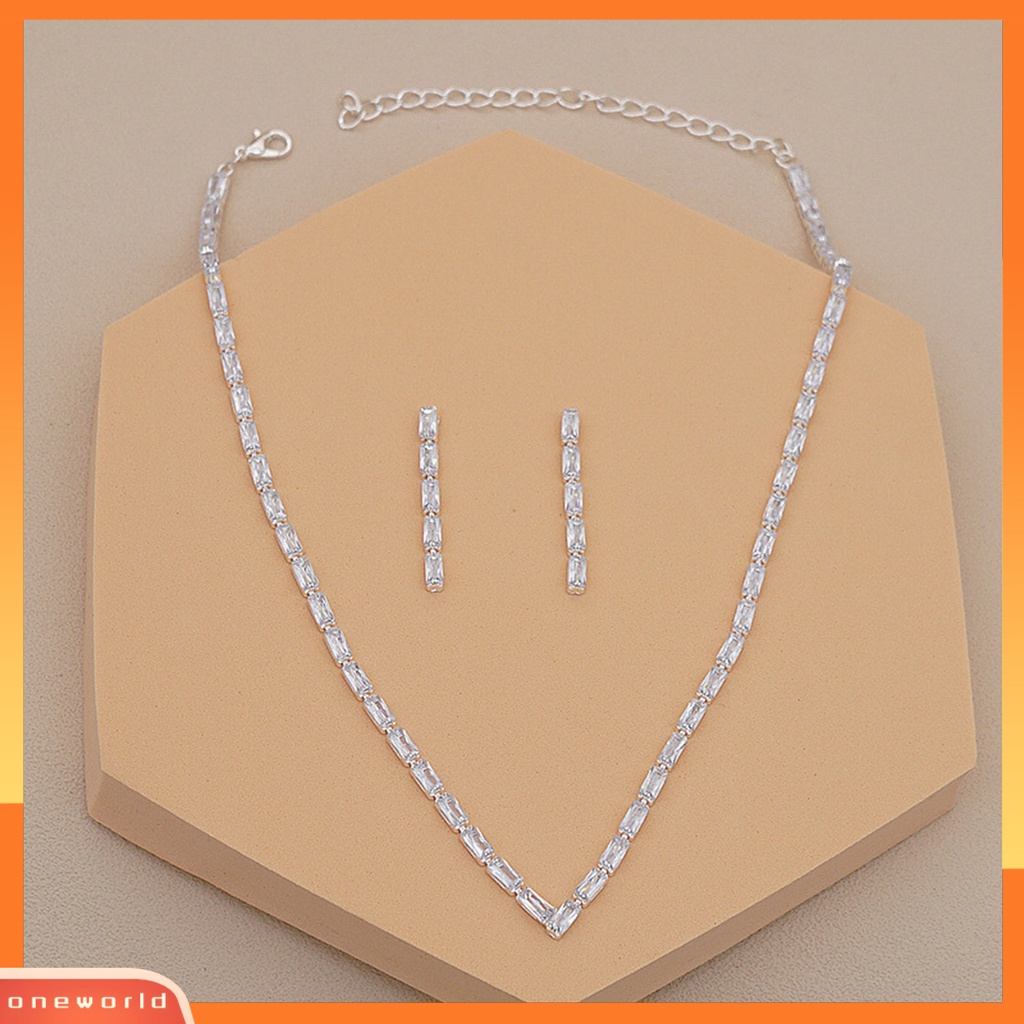 [ONE] Wanita Kalung Temperamen Elegan Mewah Hadiah Mulia Hypoallergenic Mengkilap Cubic Zirconia Stud Earrings Kit Perhiasan Pengantin