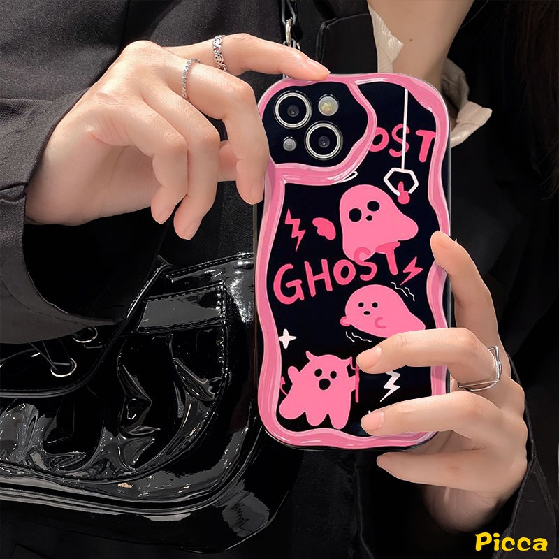 IPHONE Casing Ponsel 3D Wavy Curved Edge Glossy Shockproof Kompatibel Untuk Iphone11 13 12 14 Pro Max XR 78 6 6s Plus X XS Max SE 2020 Lucu Pink Soul Ghost Tpu Soft Cover