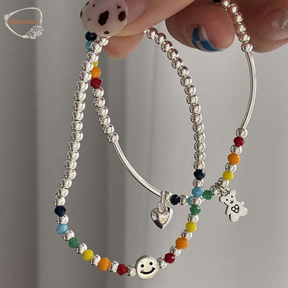 Mxbeauty Gelang Manik-Manik Motif Smiley Face Warna Pelangi Gaya Vintage Korea Untuk Wanita