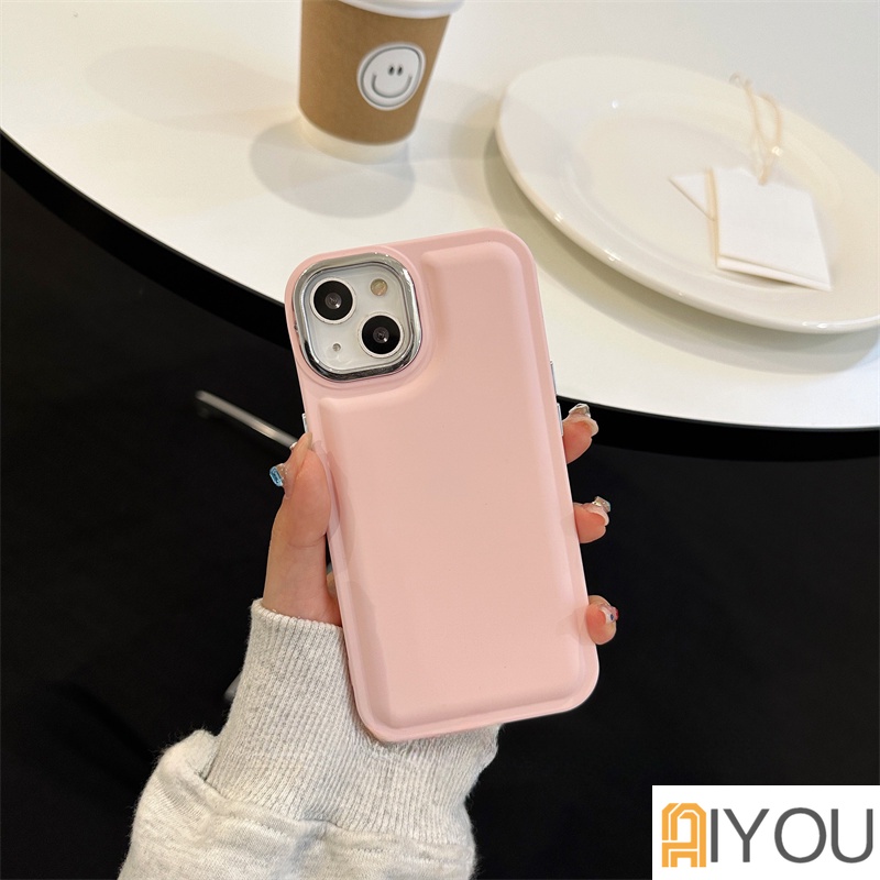 IPHONE Casing Ponsel Lensa Kamera Plating Warna Solid Kompatibel Untuk Iphone 11 12 13 14 Pro Max 14 Plus Bantal Udara Silikon Shockproof Soft Cover