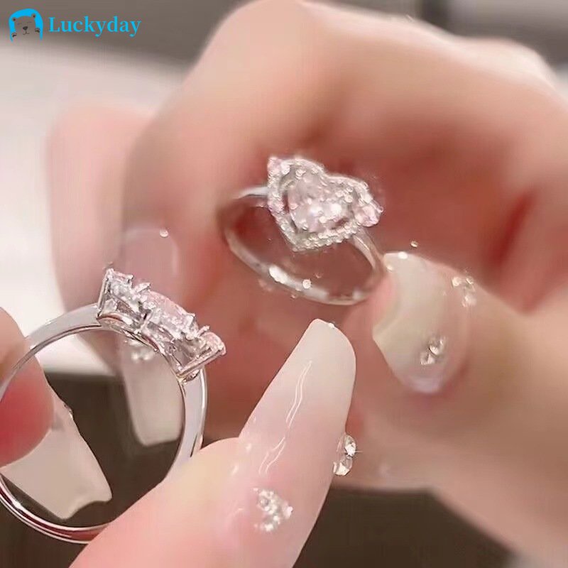 Yeezii Cincin Perak Kristal Adjustable Pink Zircon Heart Rings Untuk Perhiasan Aksesoris Wanita