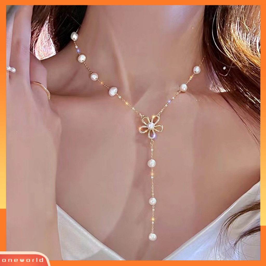 [ONE] Wanita Kalung Ekstensi Rantai Bentuk Bunga Berongga Keluar Mutiara Imitasi Leher Yang Dapat Disesuaikan Dekorasi Hadiah Ulang Tahun Prom Liontin Kalung Wanita Perhiasan