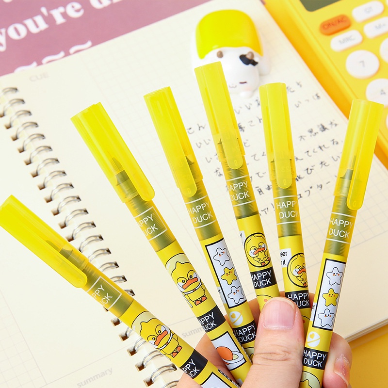 Kartun Bebek Kuning Kecil Halus Cepat Kering Bolpoin/Anak Kawaii Handheld Pensil Tulisan Cair Nyaman