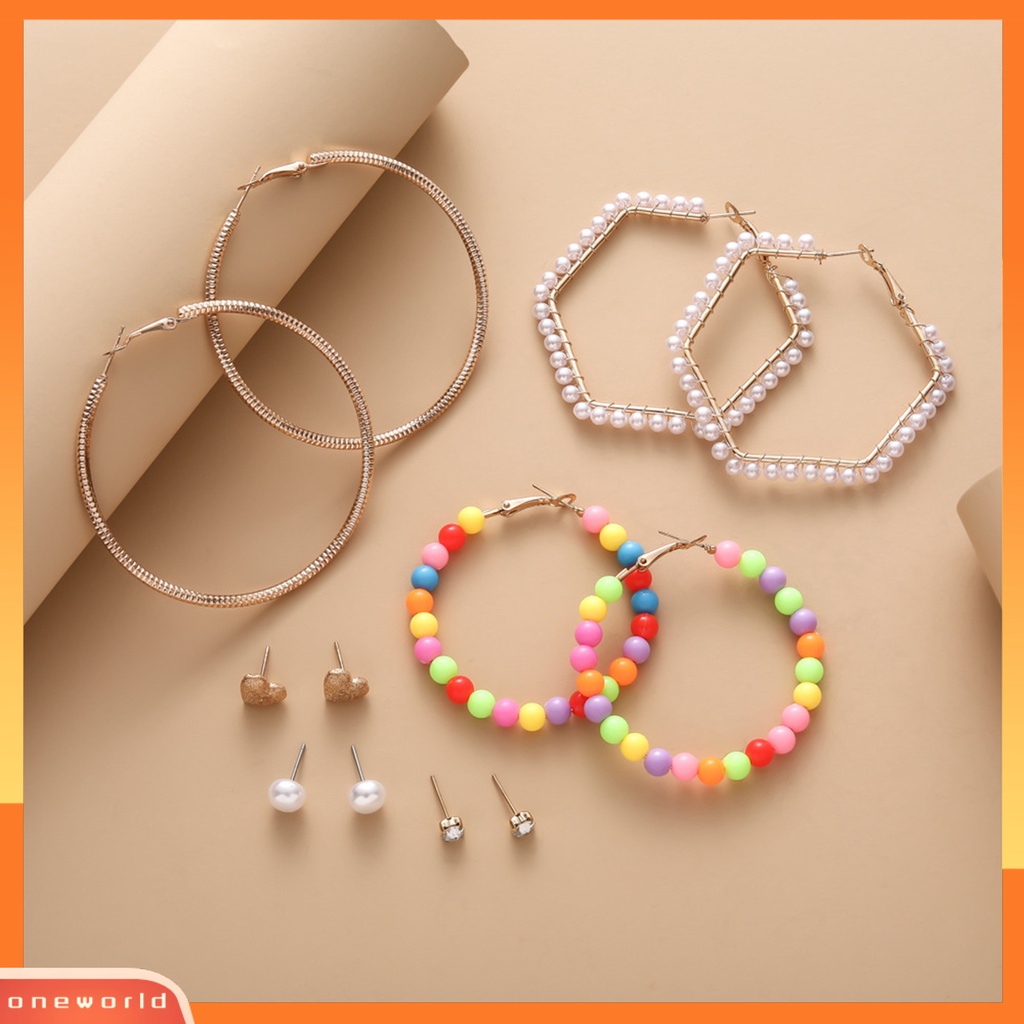 [EONE] 6pasang Wanita Anting Multicolor Mini Beads Rhinestones Bertatahkan Alloy Perhiasan Temperamen Telinga Dekorasi Geometris Hoop Earrings Studs Set Aksesoris Pakaian Pesta