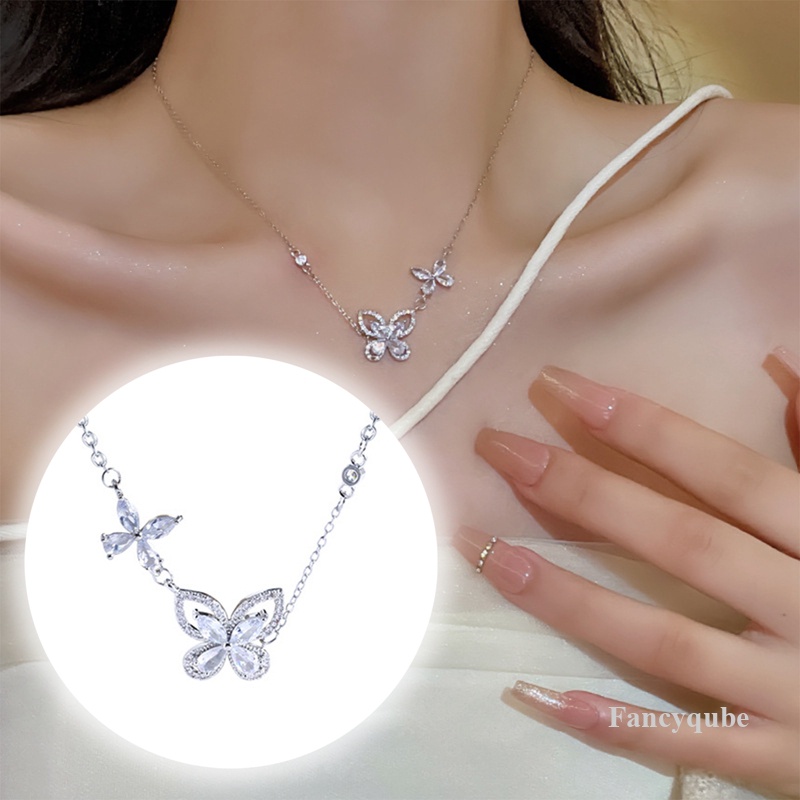Kalung Liontin Kupu-Kupu Elegan Untuk Wanita Lady Charm Kristal Rantai Perak Rumbai Choker Perhiasan Hadiah