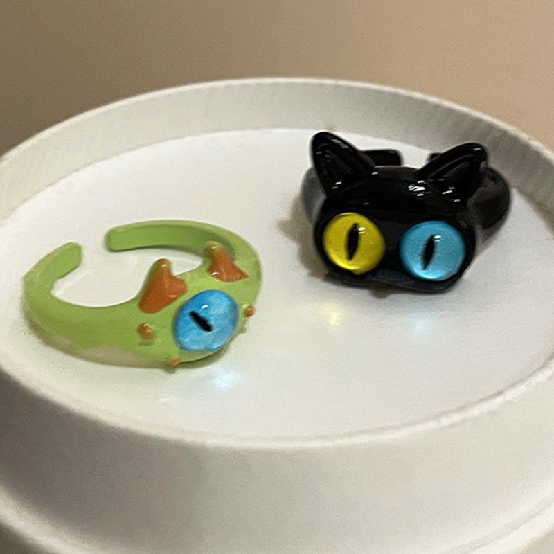 Cincin Monster Hijau Lucu Baru Wanita Fashion Manis Dua Warna Mata Kucing Terbuka Pasangan Cincin Pernikahan Jari Aksesoris Perhiasan