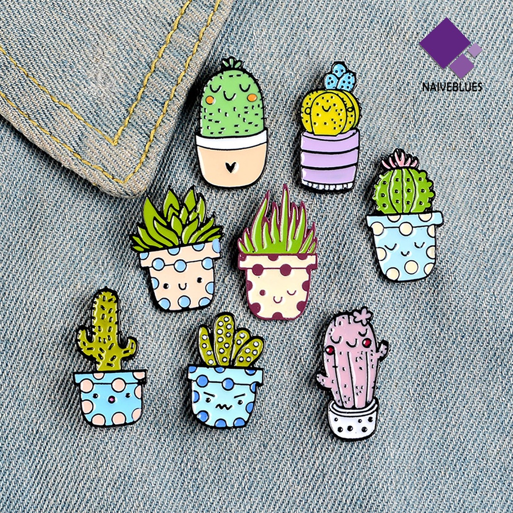 &lt; Naiveblues &gt; 8Pcs Pin Kerah Pot Tanaman Enamel Halus Kaktus Lidah Buaya Lencana Untuk Pakaian