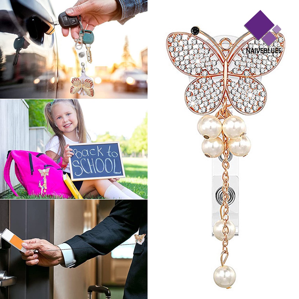 &lt; Naiveblues &gt; ID Badge Holder Dengan Klip Heavy Duty Fancy Rhinestone Butterflies Holder Reel Fashion