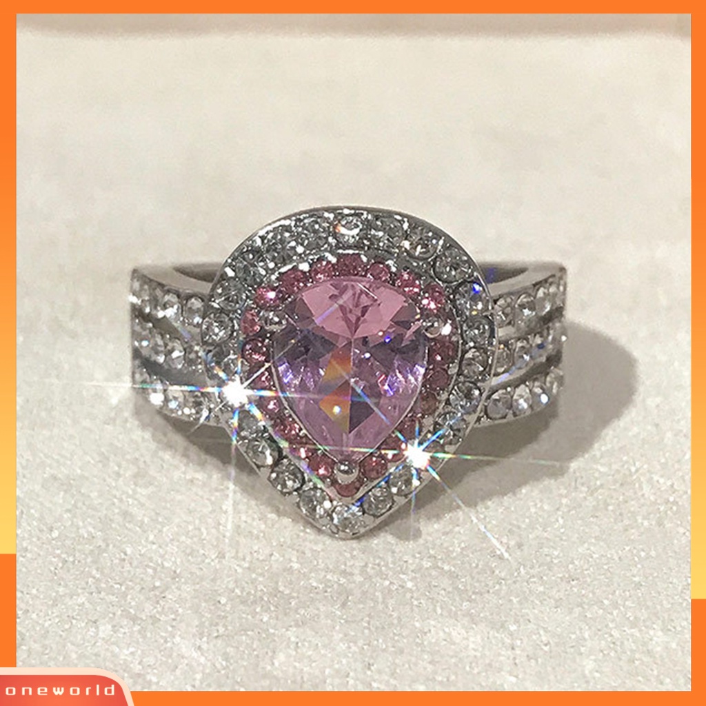 [EONE] Cincin Kawin Shiny Bentuk Tetesan Air Tiga Lapis Anti-Cacat Kristal Imitasi Hias Mewah Stainless Elegan Pernikahan Circlet Untuk Prom