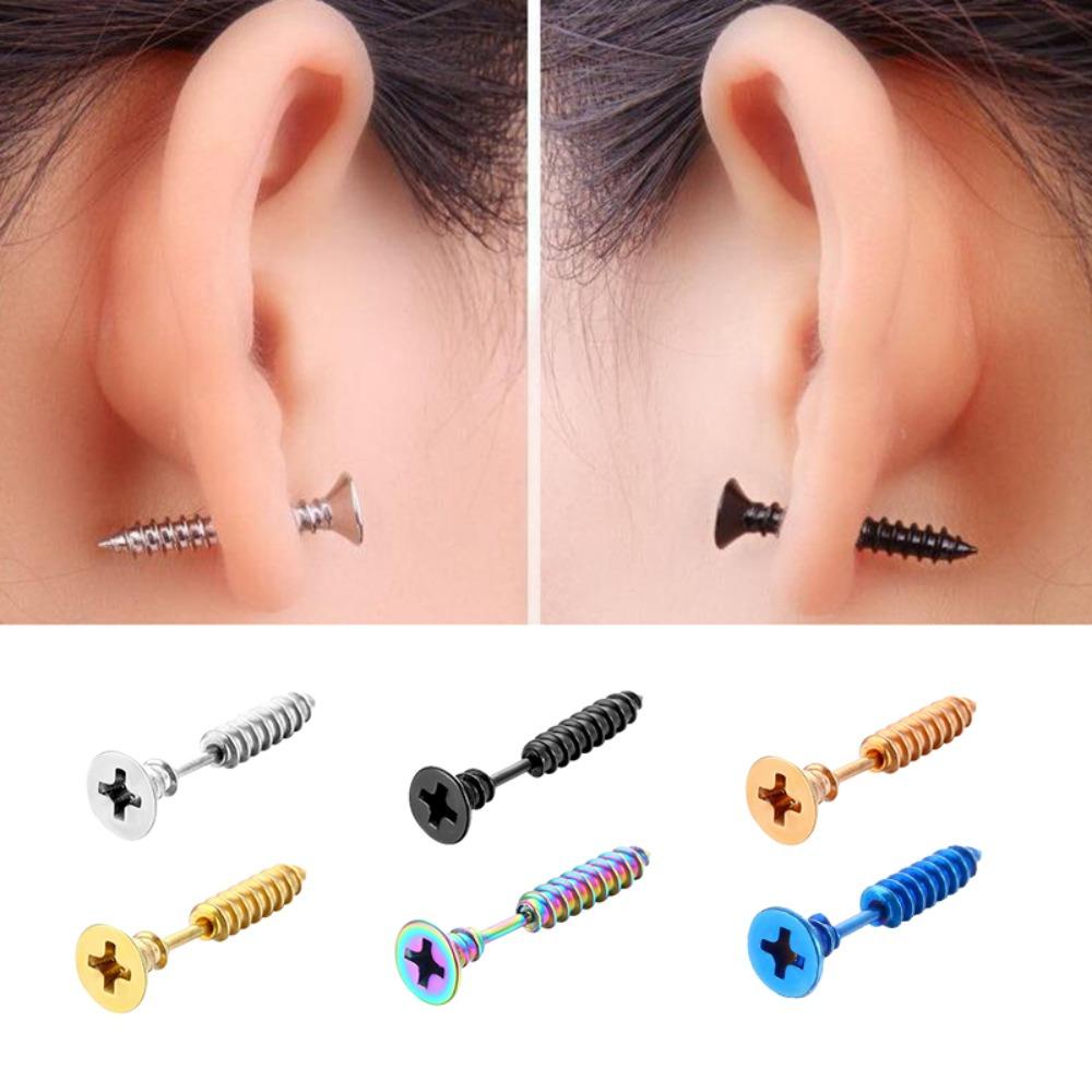 Mxbeauty Anting Titanium Steel Anti Alergi Gaya Punk Kpop Perhiasan Geometris Paku Sekrup Hiasan Halloween Anting Gaya Korea