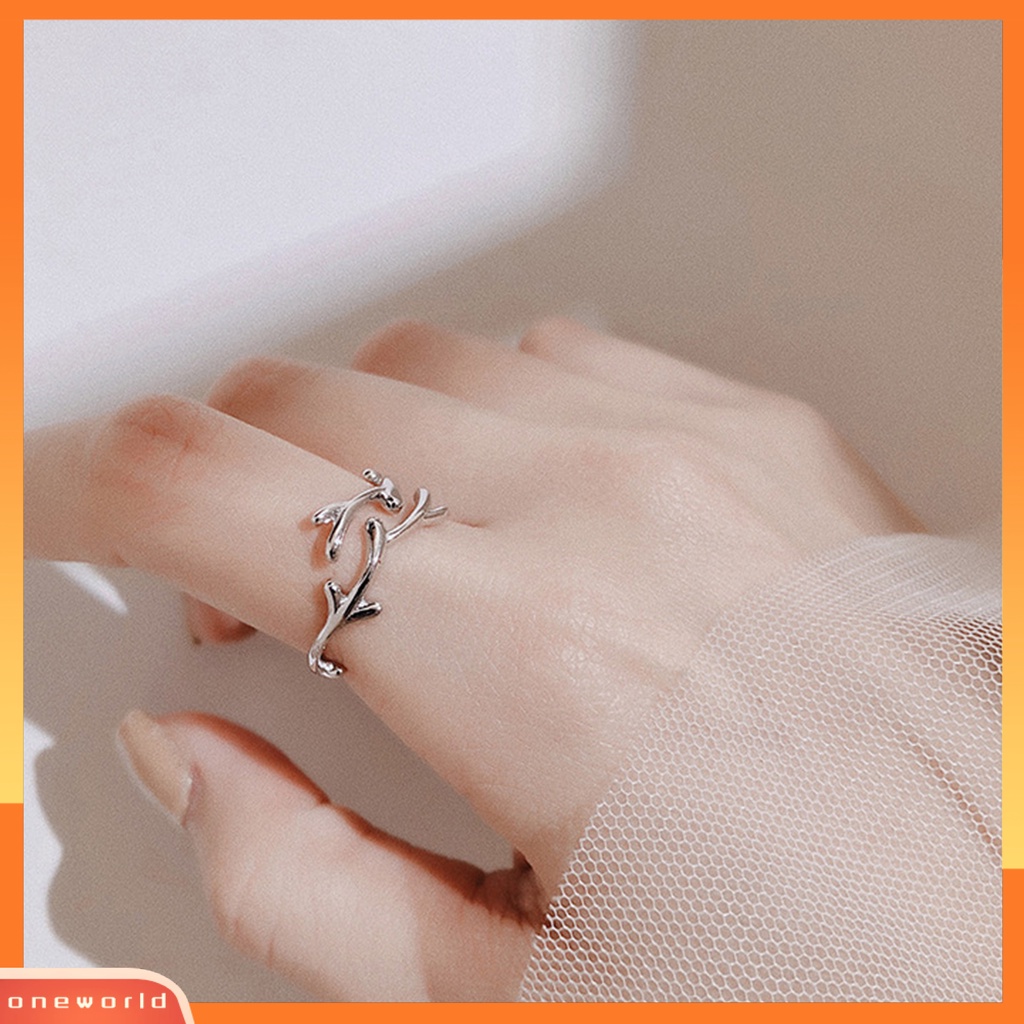 [EONE] Open Ring Adjustable Geometris Electroplating Tanduk Menawan Dekorasi Tahan Aus Cabang Sederhana Daun Cincin Tipis Aksesori Perhiasan