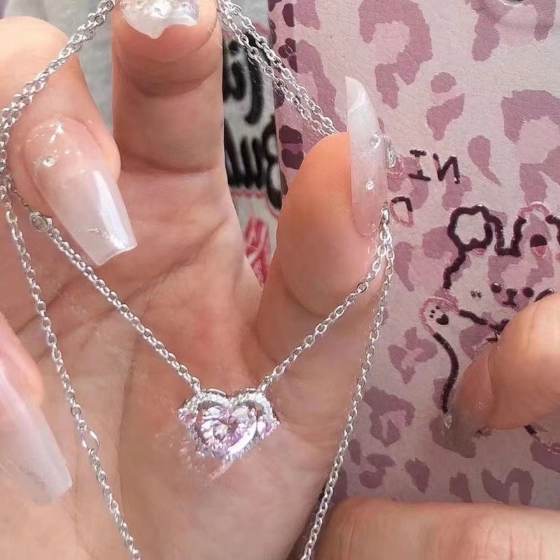 Y2k Crystal Necklace Pink Diamond Kalung Liontin Aesthetic Untuk Wanita Aksesoris Perhiasan