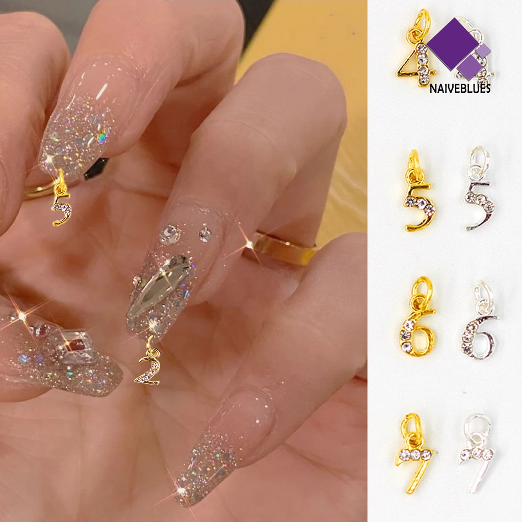 [naiveblues] 10pcs Liontin Kuku 0-9 Angka Menjuntai Pesona Kuku 3D Berlian Imitasi Alloy Nail Art