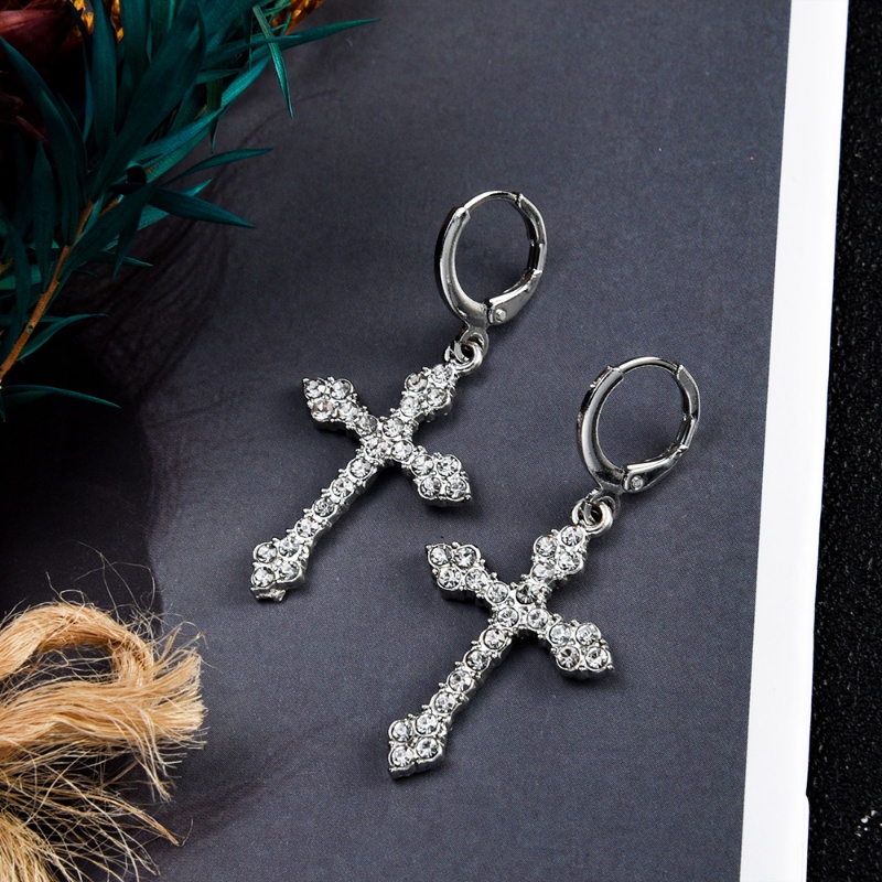 Wanita Pria Trend Fashion Shiny Zircon Cross Earrings Simple Indah Hip Hop Punk Warna Perak Kristal Drop Earring Perhiasan