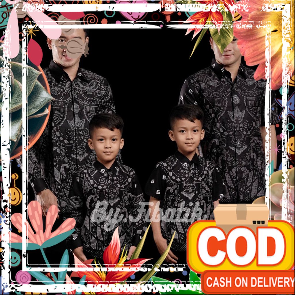 Kemeja Batik Pria Lengan Panjang Couple Batik Ayah Anak Laki-laki Usia 2-13 Tahun Warna Hitam Motif 