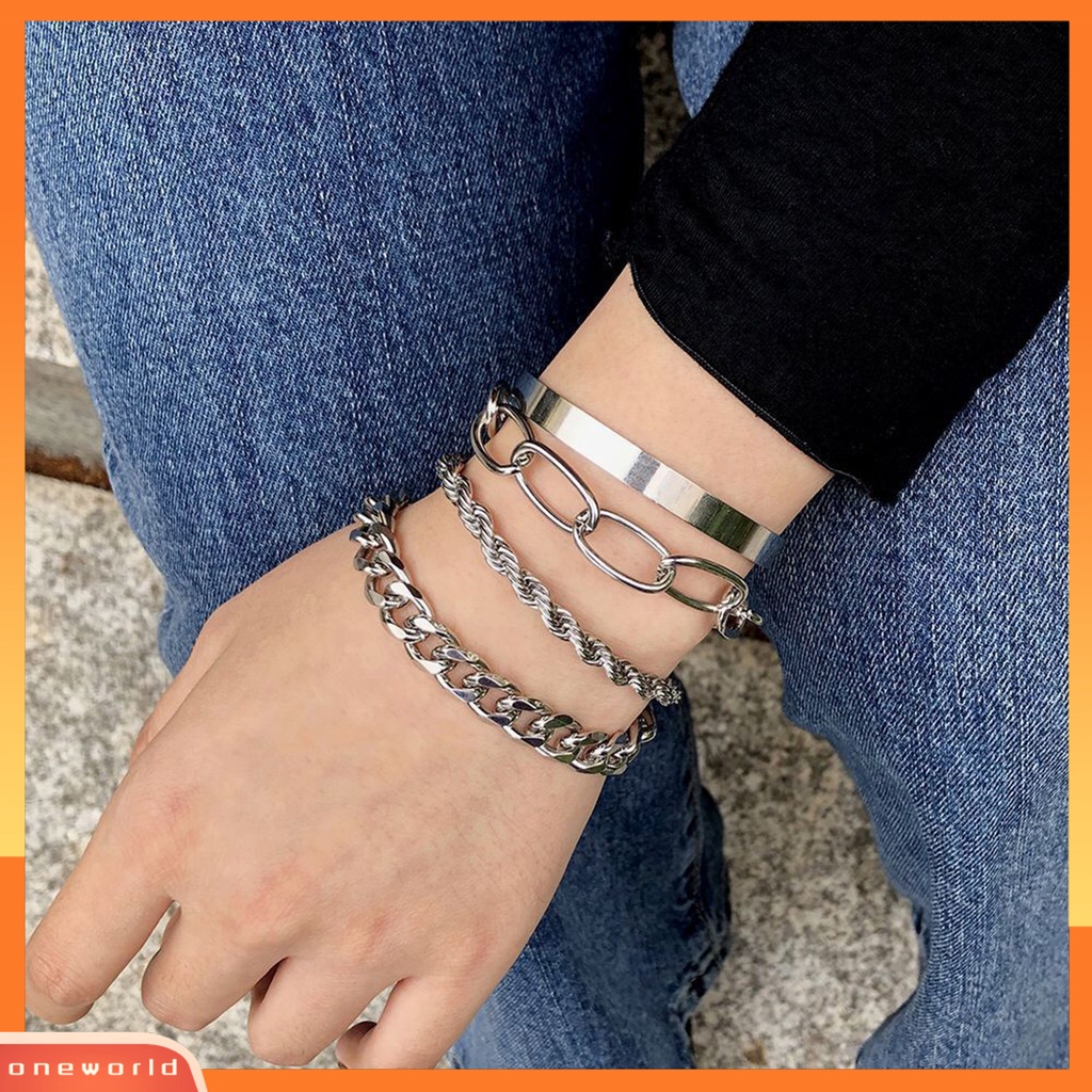 [EONE] 4pcs Wanita Gelang Electroplating Hias Kepribadian Multi-style Vintage Dekorasi Tahan Luntur Vintage Berlebihan Rantai Besar Gelang Perhiasan Aksesori