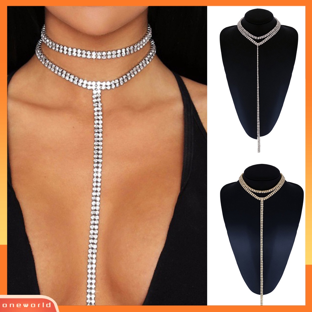 [EONE] Wanita Kalung Double Layer Panjang Rumbai Berkilau Geometris Adjustable Dekorasi Hadiah Lady Penuh Berlian Imitasi Klavikula Rantai Pesta Perhiasan Untuk Perjamuan