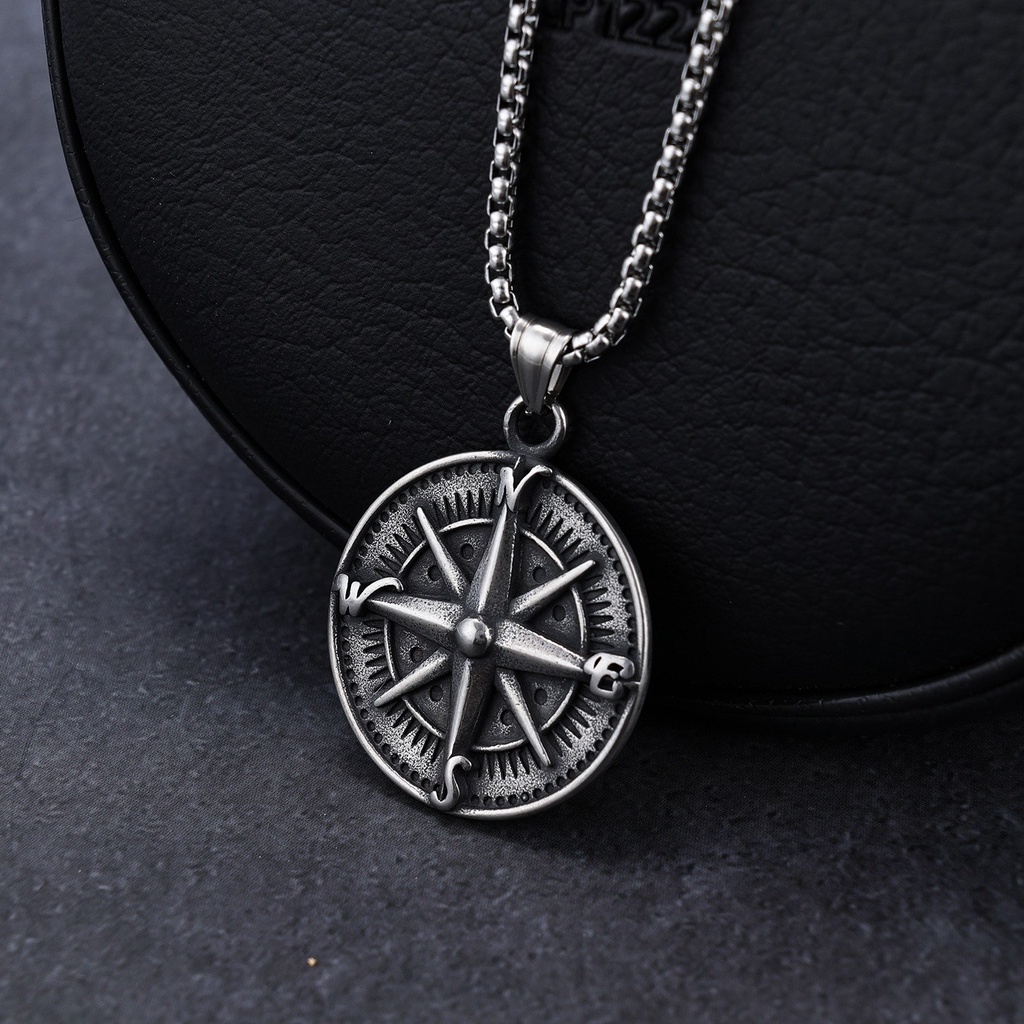 [X C Kalung] Baru Silvery Six Star Compass Pendant Punk Hip Hop Stainless Steel Kalung Hadiah Pesta Ulang Tahun Untuk Pria Dan Wanita