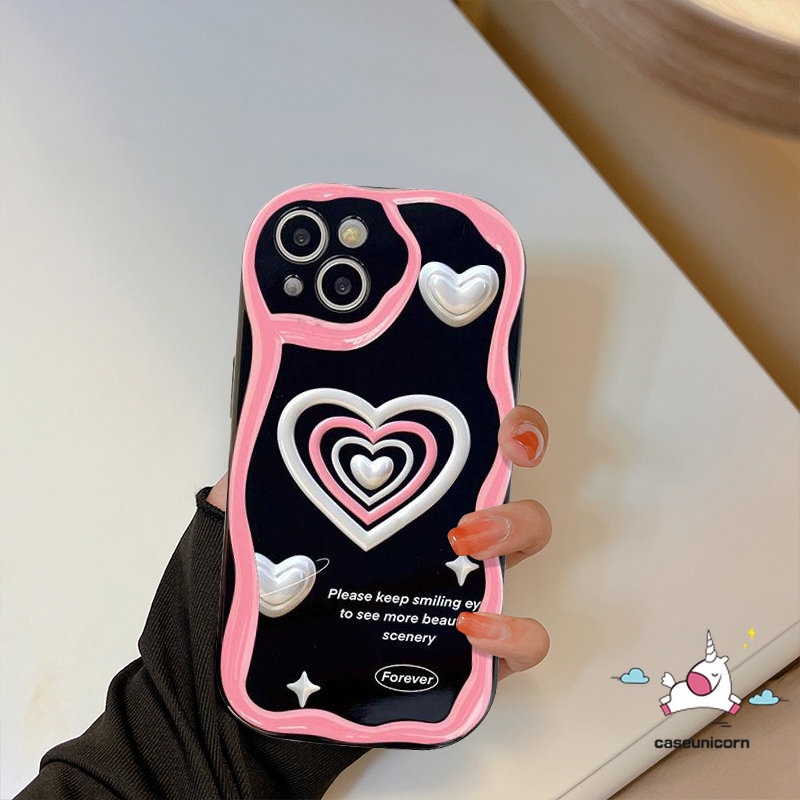 IPHONE 3d Wavy Curved Edge Love Heart Back Cover Kompatibel Untuk Iphone14 11 12 13 Pro Max 7Plus XR X7 8 6s 6 Plus XS Max SE 2020 Glossy Shockproof Soft Tpu Phone Case Shell