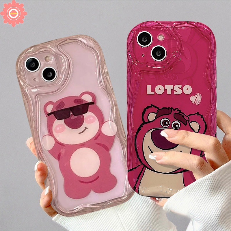 IPHONE Rose Red Kartun Imut Strawberry Bear Manyo Case Kompatibel Untuk Iphone11 12 13 14 Pro Max7 8 6s 6 Plus XR X XS Max SE 2020 3D Wavy Curved Edge Glossy Shockproof Soft Cover