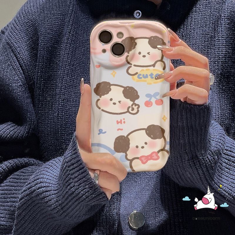 IPHONE Casing Ponsel Kartun Kompatibel Untuk Iphone11 14 12 13 Pro Max XR X7 8 6s 6 Plus XS Max SE 2020 7Plus 8Plus Shockproof Glossy 3D Wavy Curved Edge Cute Dog Soft Cover
