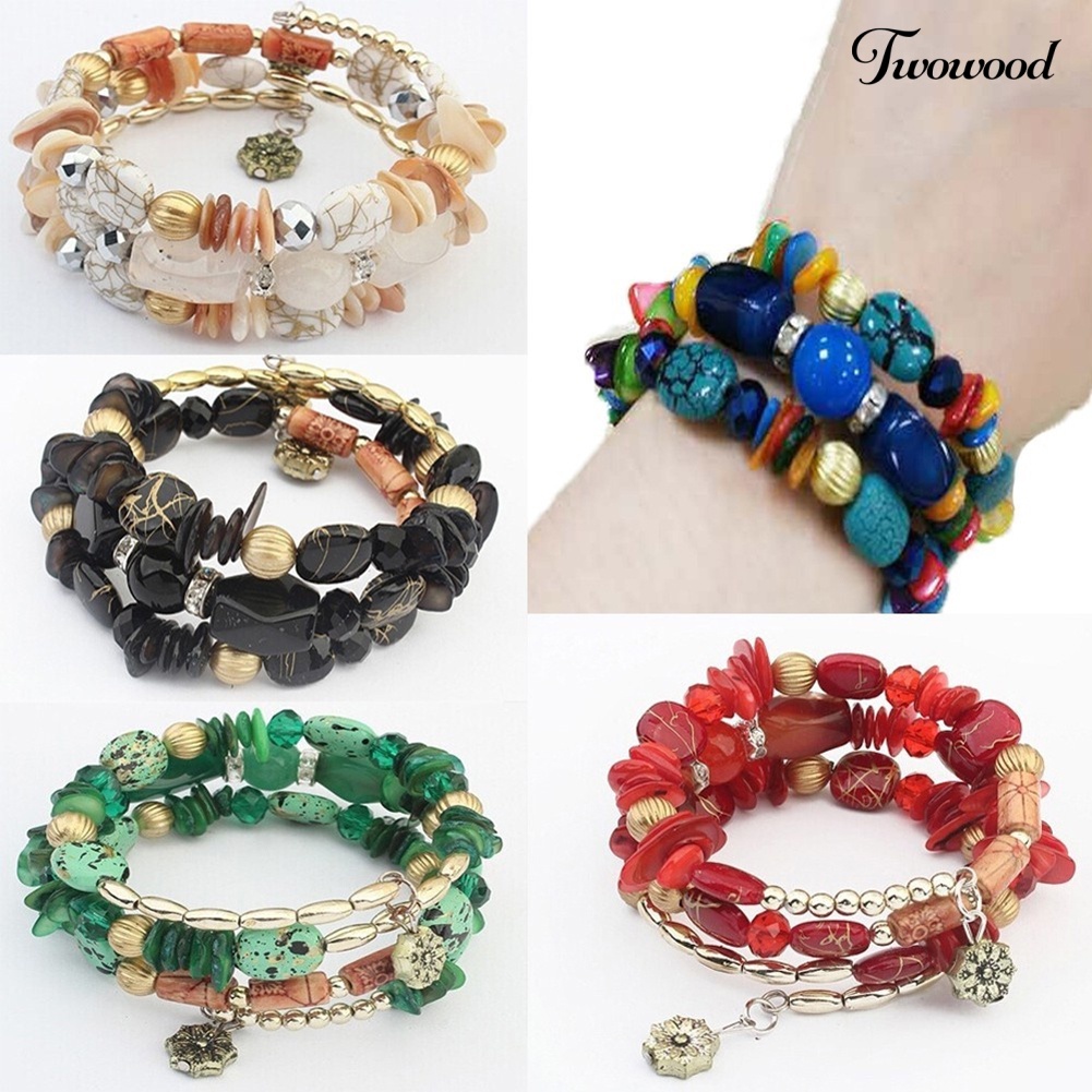 Twowood Women's Fashion Bohemian Multilayer Alloy Resin Beads Gelang Dekorasi Hadiah