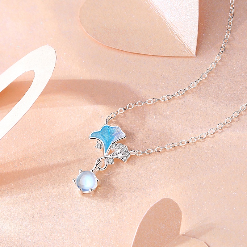 Moonlight Kalung Keberuntungan Aprikot Kecil Perempuan Sterling Silver Mori Seri Moonstone Rantai Klavikula Musim Panas Gaya Baru Ginkgo Daun Kalung Perhiasan