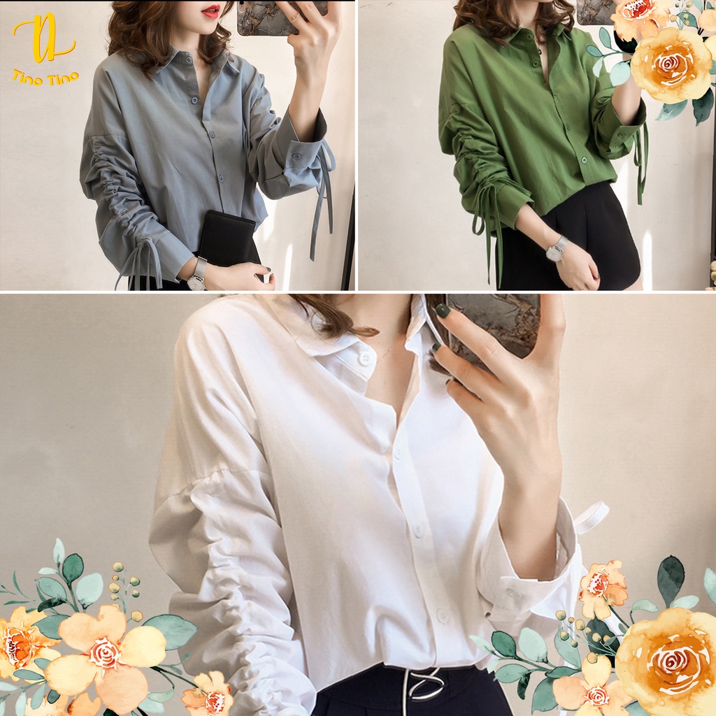 CJWT-03S TINO TINO WOMEN BLOUSE KOREAN TOP LONG SLEEVES DRAWSTRING / KEMEJA WANITA POLOS LENGAN PANJANG SERUT KASUAL